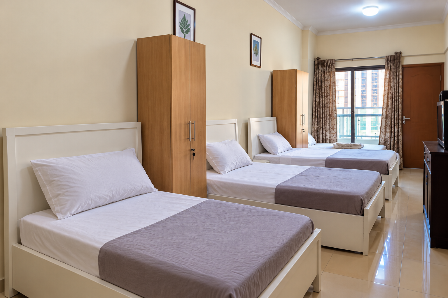 Furnished shared bedroom with wardrobes at 4Leaf Living