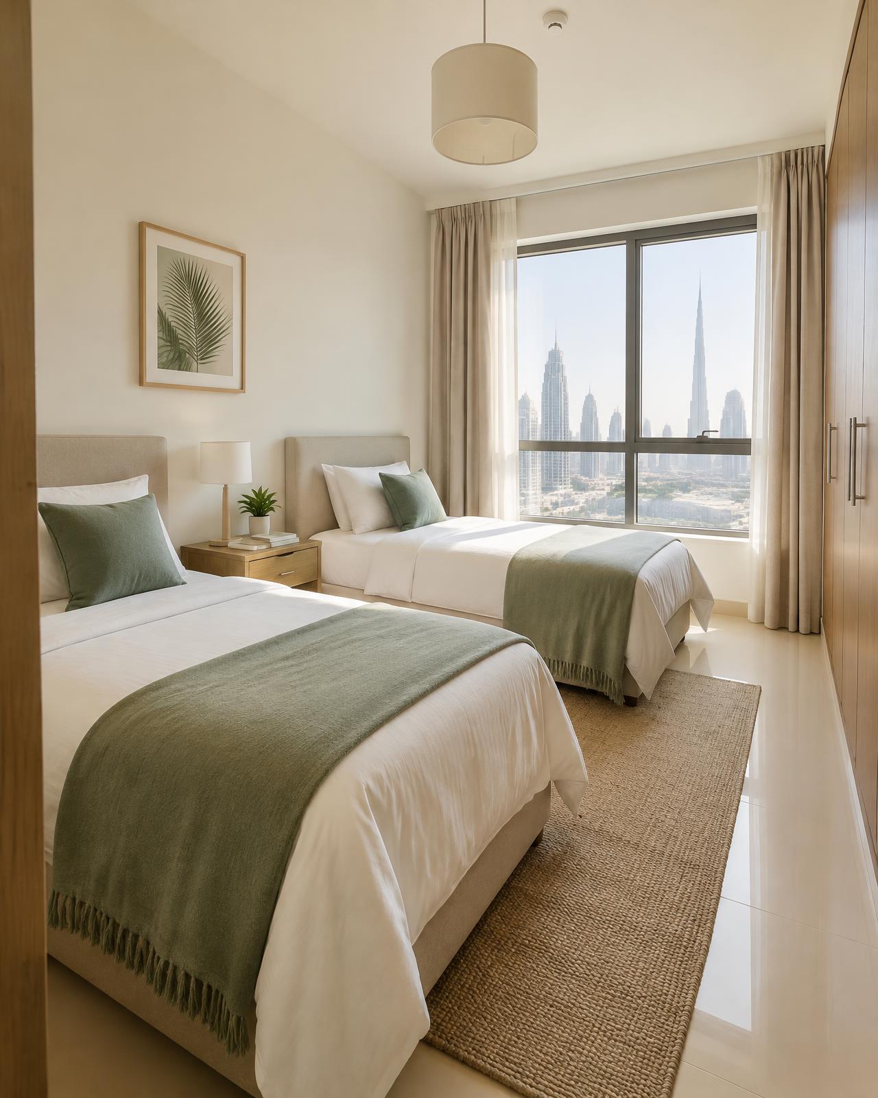 Furnished shared bedroom with beds and wardrobes at 4Leaf Living, Dubai