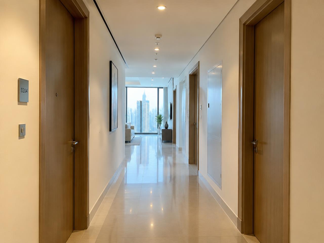 Shared apartment corridor at Al Attar Tower, Sheikh Zayed Road